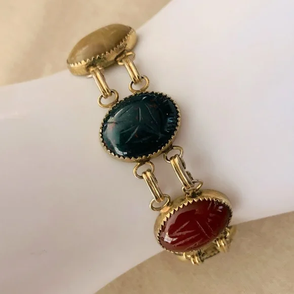 Hong Kong Scarab Semi Precious Stones Vintage Bracelet - Picture 2 of 7